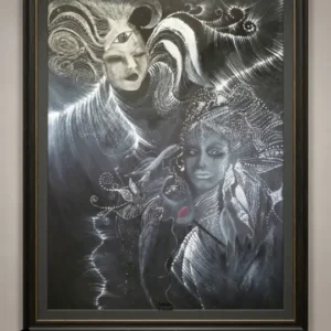 Siyah arka plan üzerine beyaz parlak çizgilerle işlenmiş, üçüncü göz ve kırmızı dudaklı maske figürleri barındıran felsefi temalı siyah beyaz sürrealist tablo.