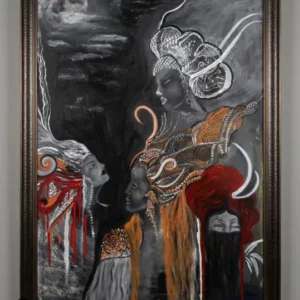 Sabriye Erarpat imzalı, gece manzarası önünde dört farklı kadın arketipini betimleyen, siyah beyaz, bakır ve kırmızı detaylara sahip felsefi ve orijinal sürrealist sanat eseri.