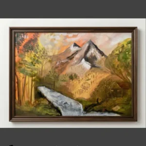 Sabriye Erarpat'ın Sabır imzasıyla yarattığı lüks koleksiyonluk sembolist manzara tablosu. Eserde turuncu ve alev kırmızısı gökyüzü altında yükselen heybetli dağlar, zamanı simgeleyen coşkulu bir nehir, sonbahar renklerinde ağaçlar ve doğanın kalbinde inzivaya çekilmiş ahşap bir kulübe ile varoluşsal bir arayışı temsil eden küçük, yalnız figürler resmedilmiştir.