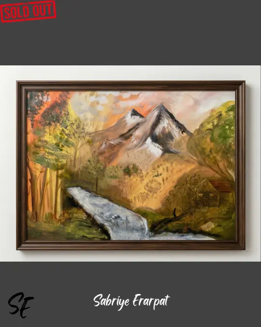 Sabriye Erarpat'ın Sabır imzasıyla yarattığı lüks koleksiyonluk sembolist manzara tablosu. Eserde turuncu ve alev kırmızısı gökyüzü altında yükselen heybetli dağlar, zamanı simgeleyen coşkulu bir nehir, sonbahar renklerinde ağaçlar ve doğanın kalbinde inzivaya çekilmiş ahşap bir kulübe ile varoluşsal bir arayışı temsil eden küçük, yalnız figürler resmedilmiştir.