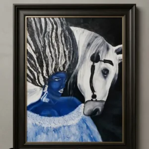 Lapis lazuli mavisi tenli bir kadın ve fısıldayan beyaz bir atın resmedildiği, impasto dokulu fırça darbeleriyle dikkat çeken Fısıldanan Dualite adlı sürrealist yağlıboya tablo.