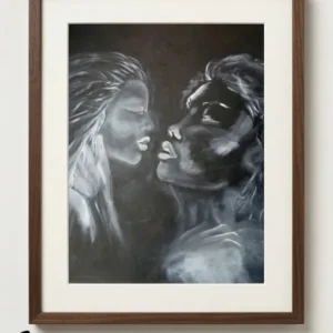 Işık ve gölge zıtlıklarıyla insan ruhunun dualitesini simgeleyen, iki yüzün birbirine dönük olduğu sürreal siyah beyaz tablo. Sabriye Erarpat çağdaş sanat eseri.