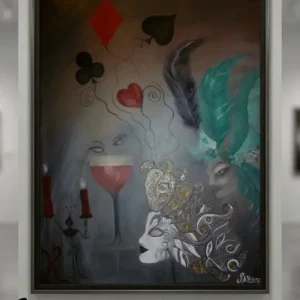 Sabriye Erarpat imzalı, havada süzülen oyun kağıdı sembolleri, gümüş detaylı Venedik maskesi, kadeh ve yanan mum figürlerinin yer aldığı karanlık tonlarda orijinal sürrealist sembolik tablo.