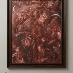 Sabriye Erarpat imzalı, toprak ve kızıl tonlarında iç içe geçmiş insan yüzleri ile boynuz figürleri barındıran felsefi sürrealist çağdaş sanat tablosu.