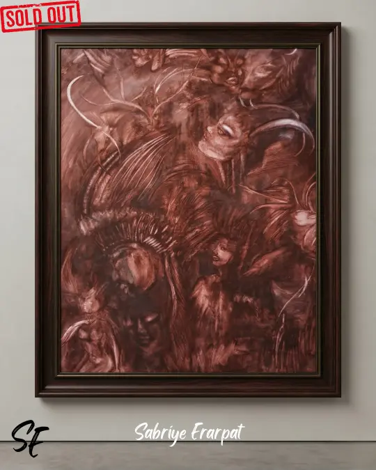 Sabriye Erarpat imzalı, toprak ve kızıl tonlarında iç içe geçmiş insan yüzleri ile boynuz figürleri barındıran felsefi sürrealist çağdaş sanat tablosu.