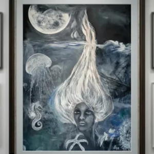 Sürrealist monokrom tablo, bilinçaltını simgeleyen karanlık okyanus derinliklerinden yükselen beyaz saçlı kadın silueti, dolunay, denizanası ve batık gemi detaylı felsefi çağdaş sanat eseri.
