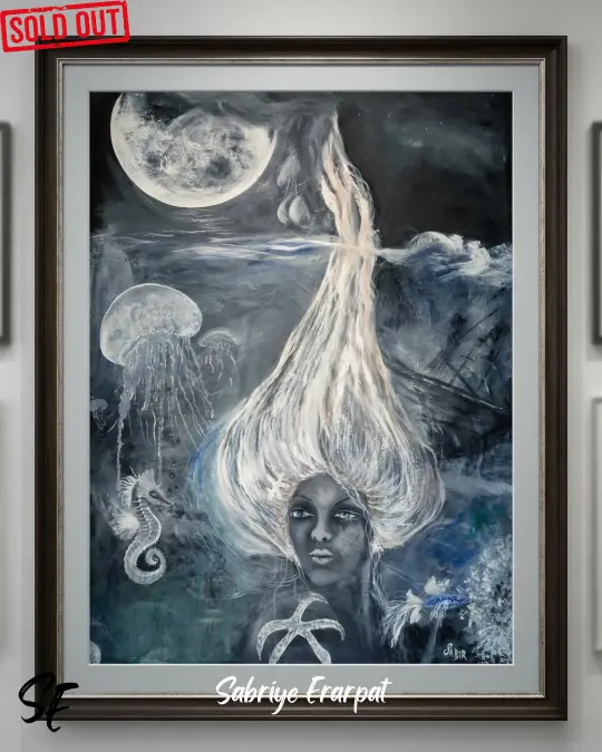 Sürrealist monokrom tablo, bilinçaltını simgeleyen karanlık okyanus derinliklerinden yükselen beyaz saçlı kadın silueti, dolunay, denizanası ve batık gemi detaylı felsefi çağdaş sanat eseri.
