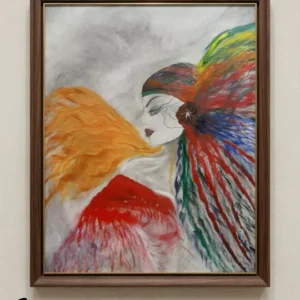 Çağdaş sürrealist tablo, profilden görünen solgun yüzlü bir figürün zihninden yayılan alev rengi, mavi, yeşil ve sarı fırça darbeleriyle bilinçaltı dualitesini yansıtan Sabriye Erarpat eseri.