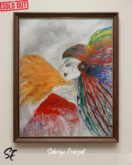 Çağdaş sürrealist tablo, profilden görünen solgun yüzlü bir figürün zihninden yayılan alev rengi, mavi, yeşil ve sarı fırça darbeleriyle bilinçaltı dualitesini yansıtan Sabriye Erarpat eseri.