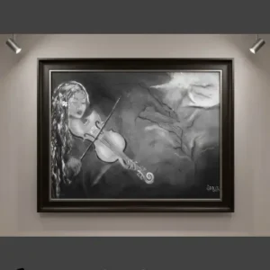 Sabriye Erarpat imzalı 70x100 yağlıboya, keman çalan bir kadının doğanın ve rüzgarın gücüyle bütünleştiği felsefi ve sürrealist siyah beyaz tablo.