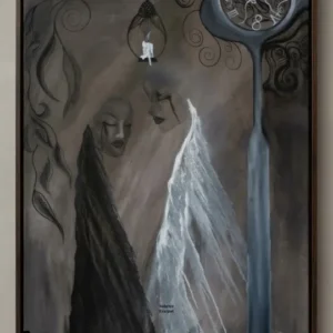 Sabriye Erarpat imzalı orijinal sürrealist tablo. Toprak tonlarında, siyah gözyaşları döken iki yüz, eriyen bir saat ve kafeste bir ruh tasviri içeren felsefi çağdaş sanat eseri.