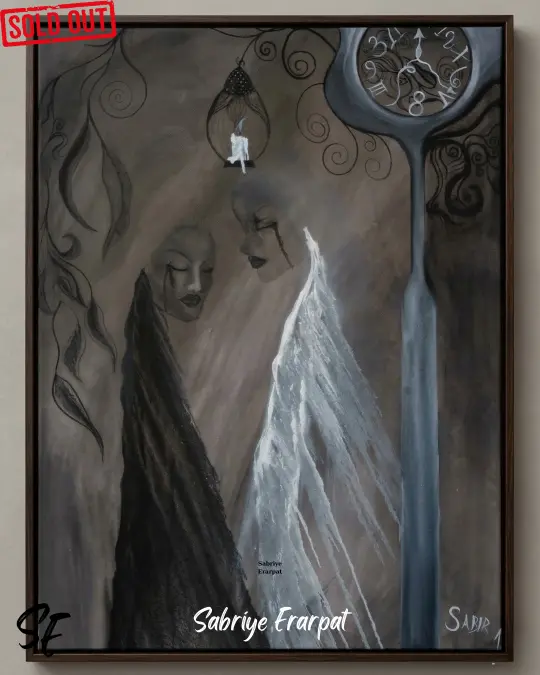 Sabriye Erarpat imzalı orijinal sürrealist tablo. Toprak tonlarında, siyah gözyaşları döken iki yüz, eriyen bir saat ve kafeste bir ruh tasviri içeren felsefi çağdaş sanat eseri.