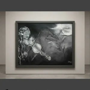 Sabriye Erarpat imzalı koleksiyonluk siyah beyaz sürrealist tablo. Gece vaktinde, kapalı gözlerle keman çalan kadın figürü. Arka planda parlayan kozmik bir ay ışığı ve faniliği simgeleyen kurumuş ağaç dallarıyla bezenmiş tuval üzeri derinlikli sanat eseri.