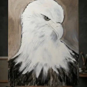 Sabriye Erarpat tarafından yapılmış, beyaz başlı bir kartalın bilgelik ve sabır dolu keskin bakışlarını yansıtan, alt kısımlarında ekspresyonist boya akıtmaları bulunan, ahşap çerçeveli sembolist lüks ofis duvar sanatı tablosu.