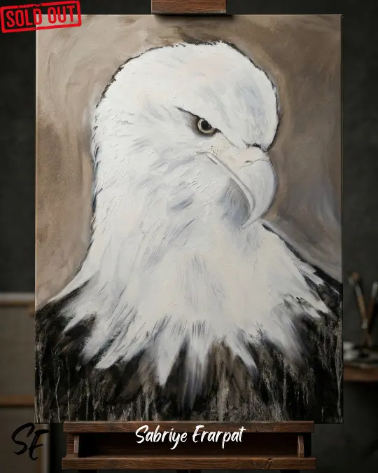 Sabriye Erarpat tarafından yapılmış, beyaz başlı bir kartalın bilgelik ve sabır dolu keskin bakışlarını yansıtan, alt kısımlarında ekspresyonist boya akıtmaları bulunan, ahşap çerçeveli sembolist lüks ofis duvar sanatı tablosu.